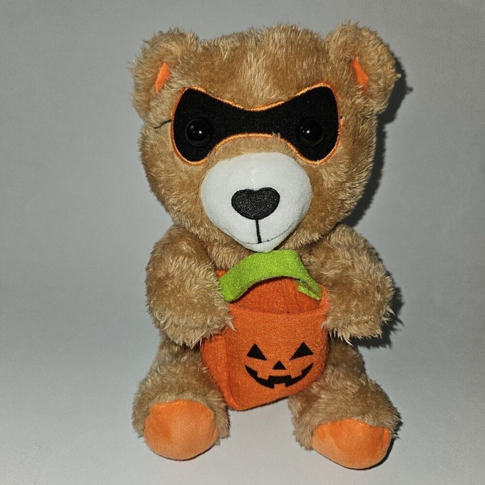 Hallmark Halloween Plush 9" Masked Teddy Bear Holding Jack-O-Lantern Treat Bag